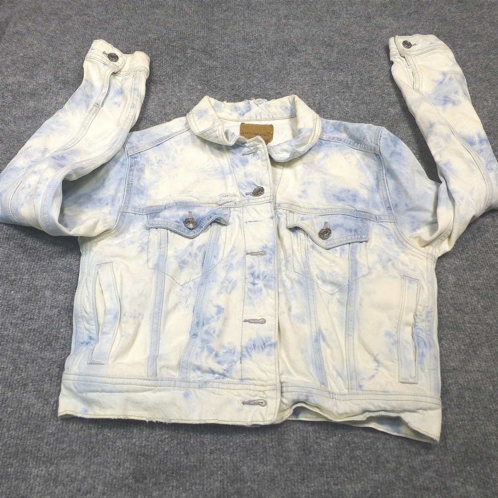 American Eagle Tie Dye Denim Trucker Jacket Blue White Acid Wash Medium